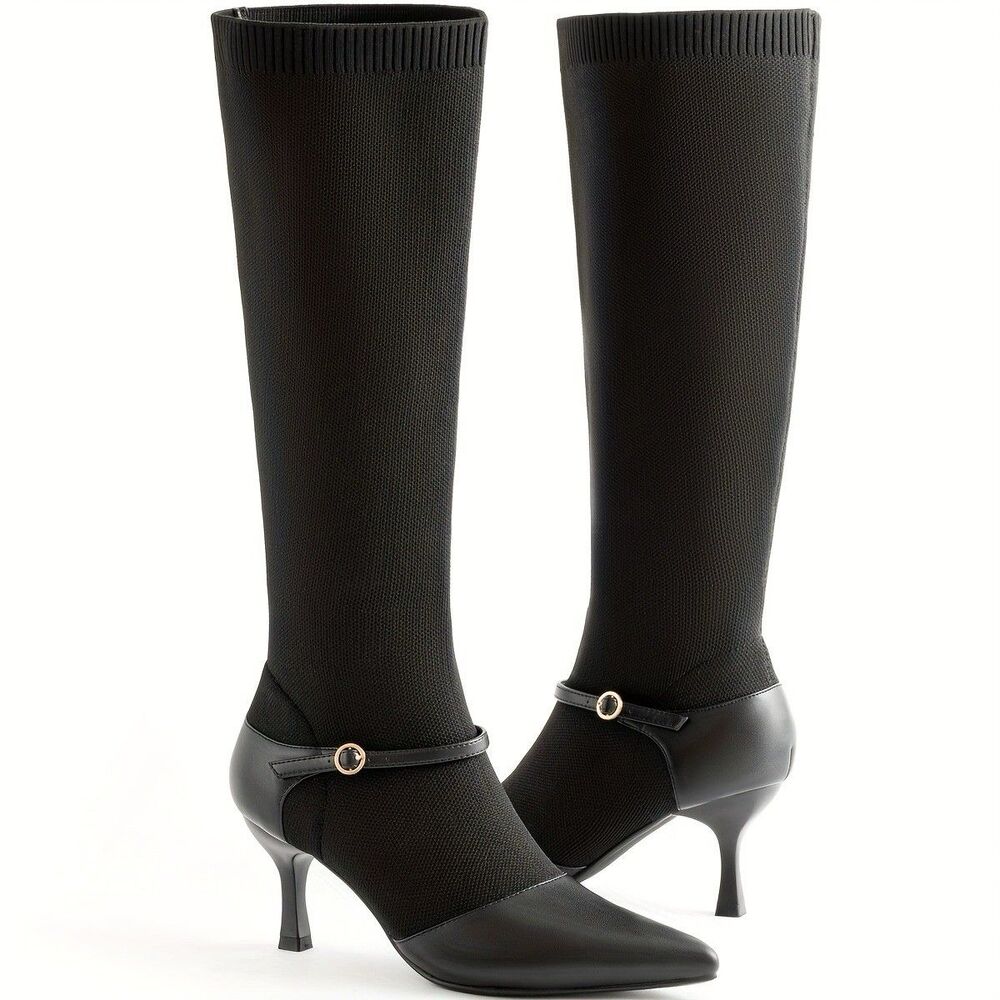 Kitten Heel Knee High Boots for Women Stretchy Knit Sock Booties Knee Sz 6 Black - Picture 2 of 16